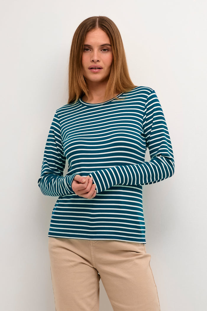 Kaffe Liddy Legion Blue/Chalk Stripe Top with Black Heart, 10502821