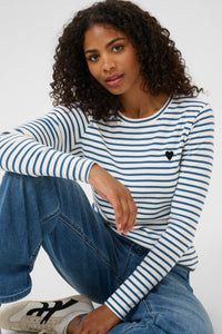 Kaffe Liddy Chalk/Denim Blue Stripe Top with Black Heart