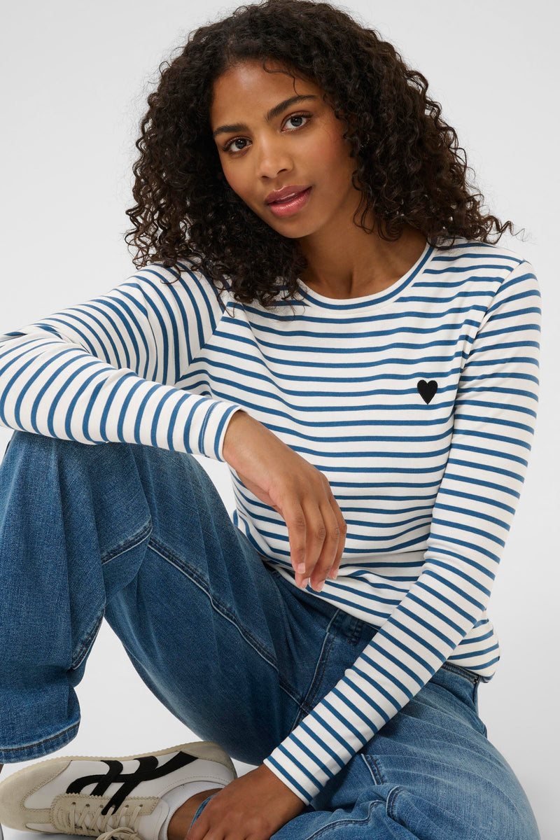 Kaffe Liddy Chalk/Denim Blue Stripe Top with Black Heart