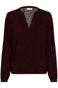 Kaffe Kaditte Windsor Wine/Black Abstract Print V-Neck Blouse, 10507919