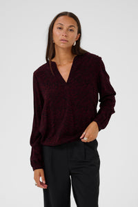 Kaffe Kaditte Windsor Wine/Black Abstract Print V-Neck Blouse, 10507919