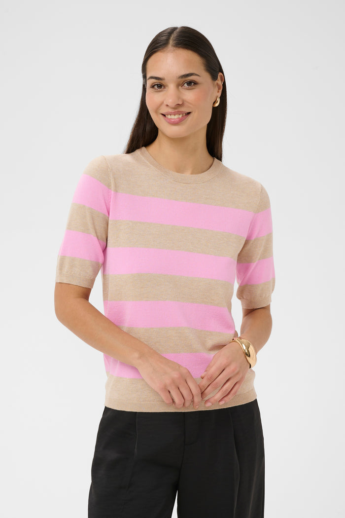 Kaffe Kalizza Feather Beige/Candy Pink Striped Knit