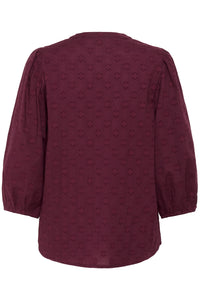 KAFFE Kaenya Windsor Wine V-Neck Embossed Blouse