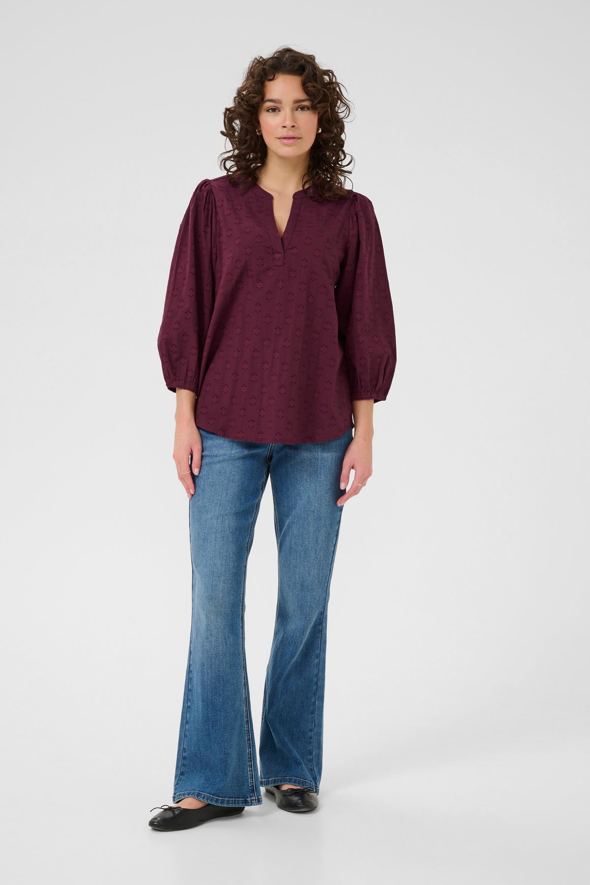 KAFFE Kaenya Windsor Wine V-Neck Embossed Blouse