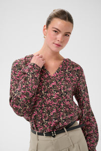 Kaffe KaBella Pink/Khaki Floral Printed V-Neck Blouse, 10511035