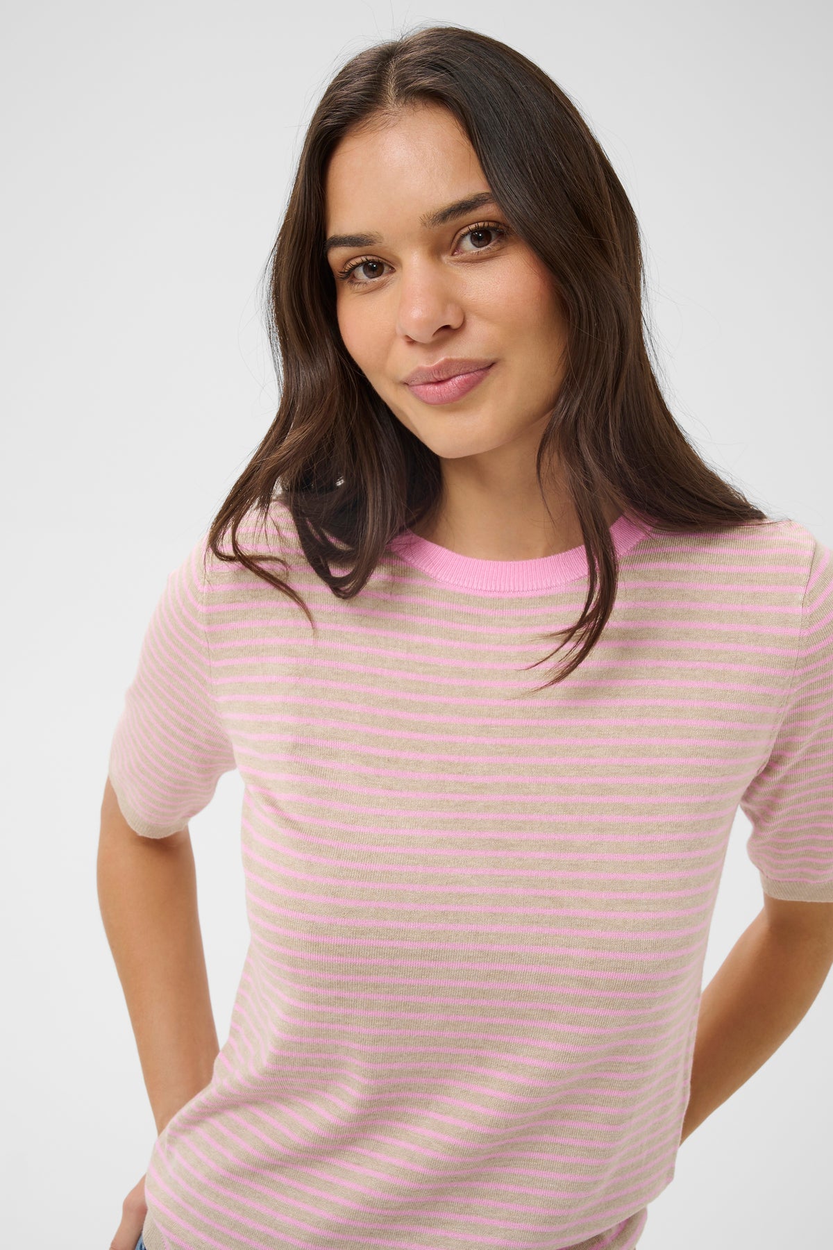 Kaffe Kalizza Feather Beige /Candy Striped Knit with Candy Pink Trim, 10511826