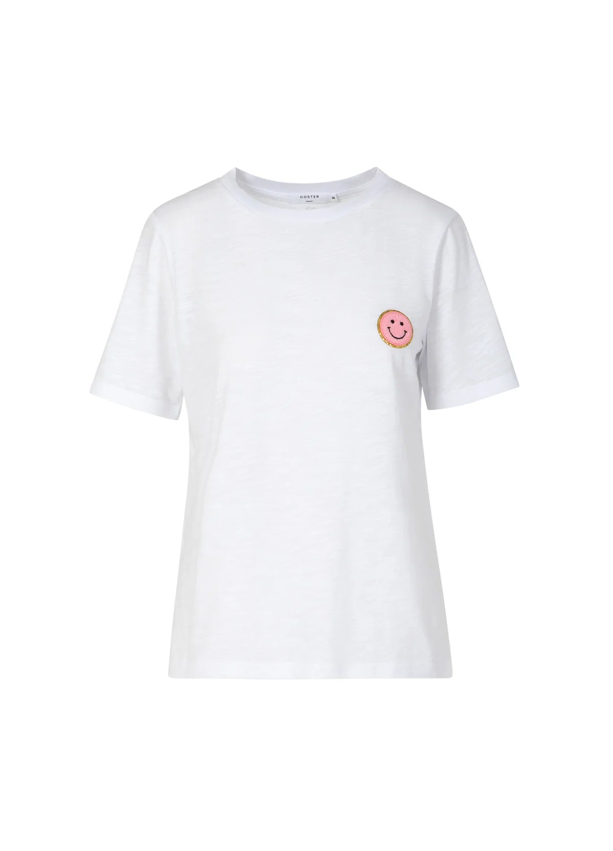 Coster Copenhagen White T-Shirt with Pink Embroidered Smiley Face