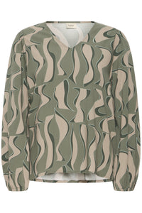 Fransa FrJustini Dusty Olive Abstract Printed V-Neck Blouse, 20616016