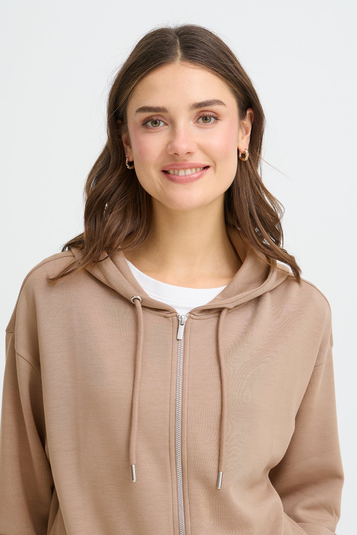 Fransa FrAurora Modal Taupe 3/4 Sleeve Zip Hoodie, 20617574