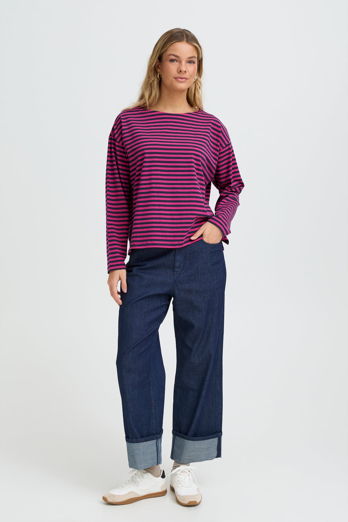 Fransa FrSiva Very Berry Stripe Oversized Long Sleeve Top