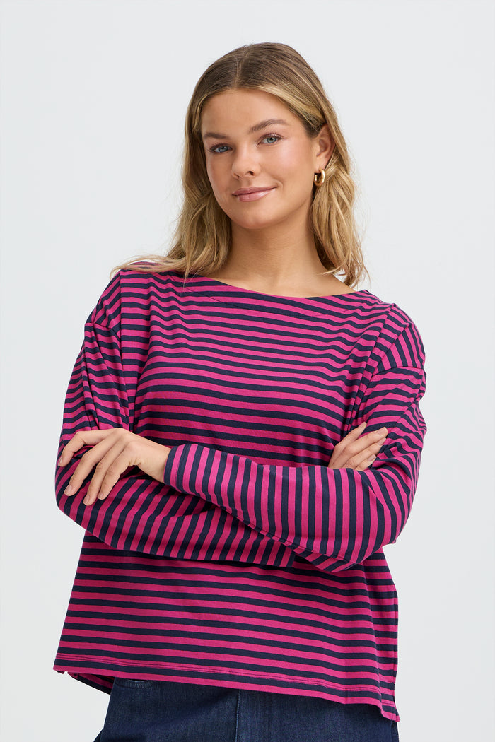 Fransa FrSiva Very Berry Stripe Oversized Long Sleeve Top