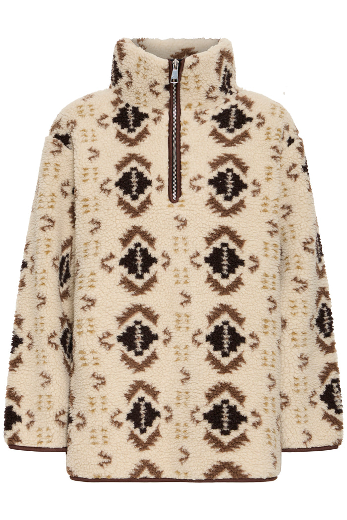 B.Young ByCillan Humus Beige Printed Teddy Fleece Half Zip Jacket