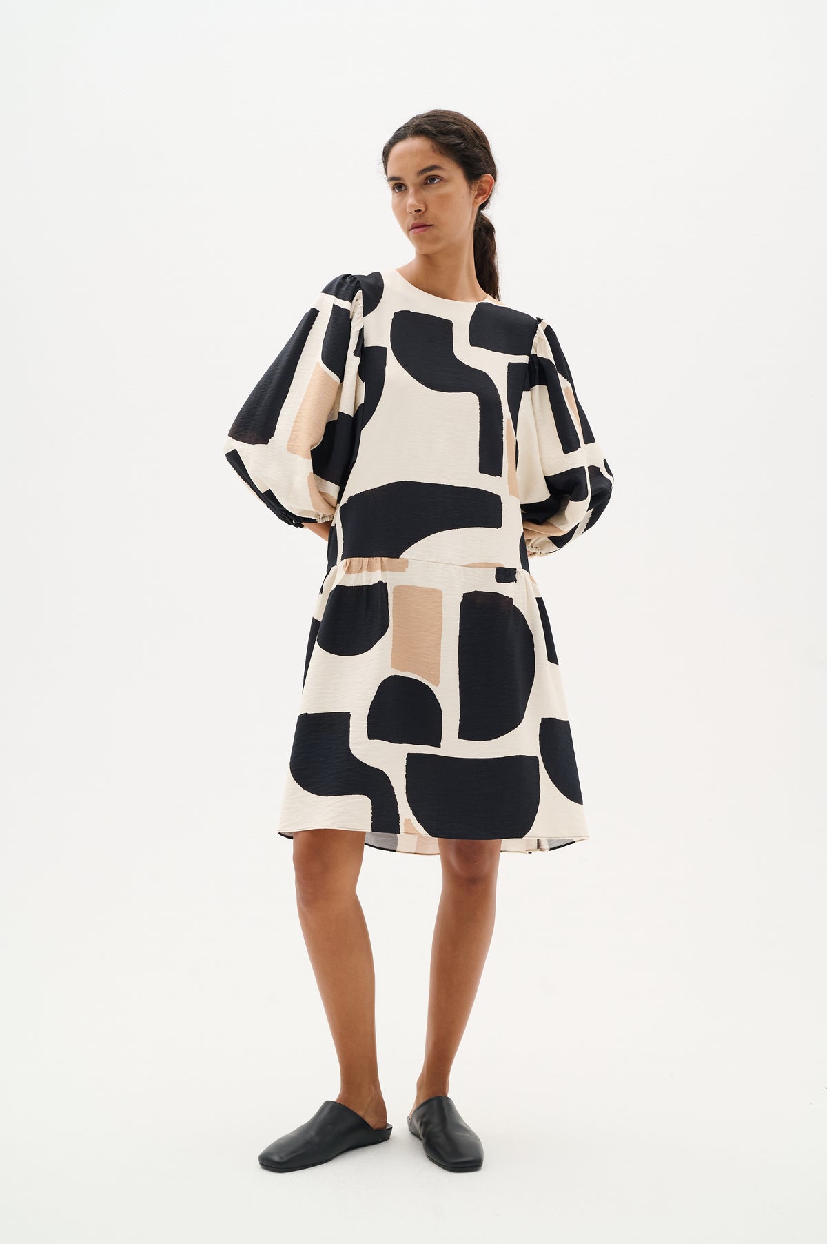 InWear CominoIW Black/Beige Block Printed Layered Hem Dress, 30110236