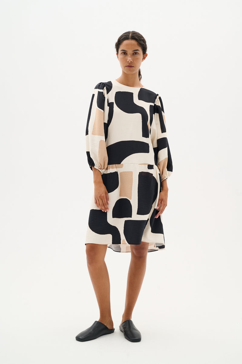 InWear CominoIW Black/Beige Block Printed Layered Hem Dress, 30110236