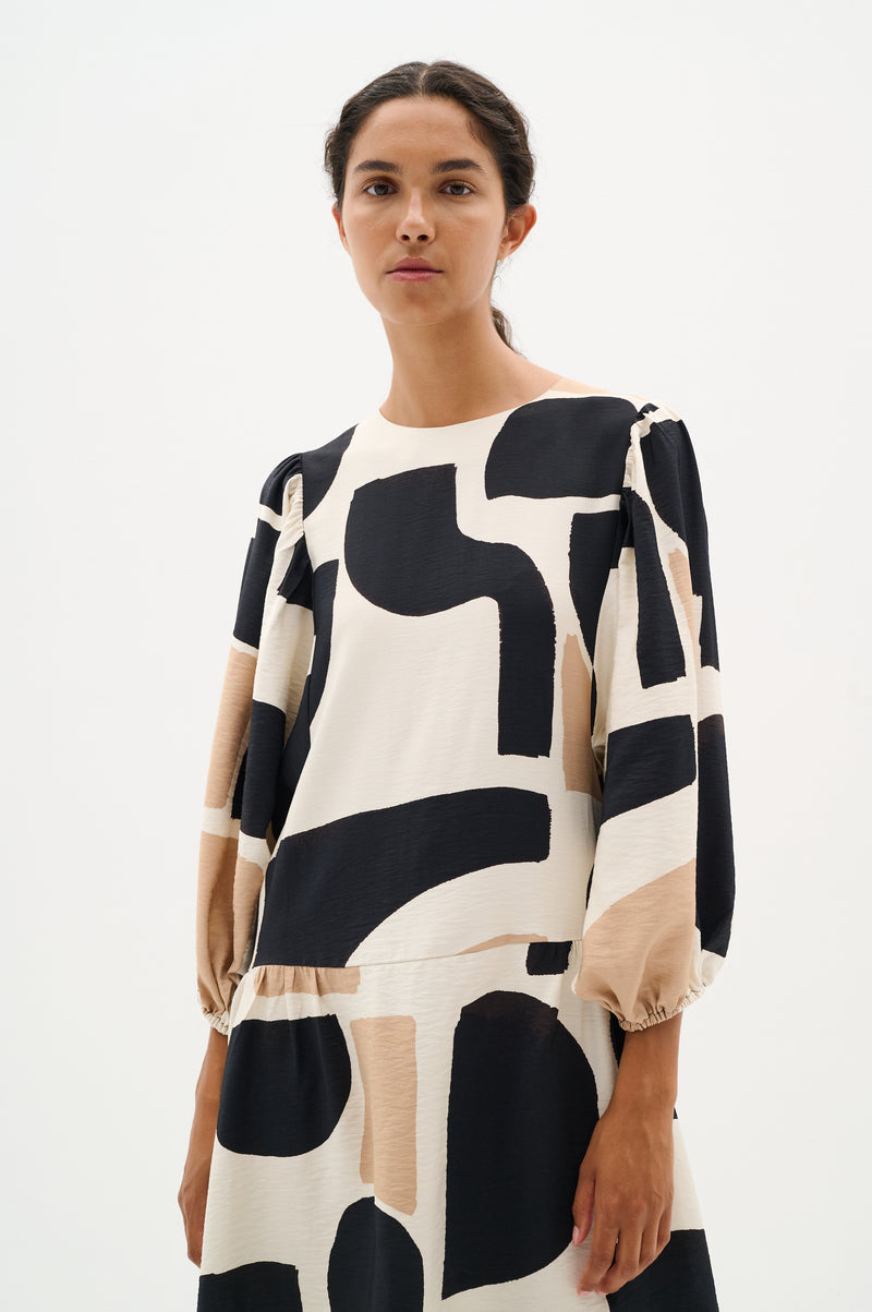 InWear CominoIW Black/Beige Block Printed Layered Hem Dress, 30110236