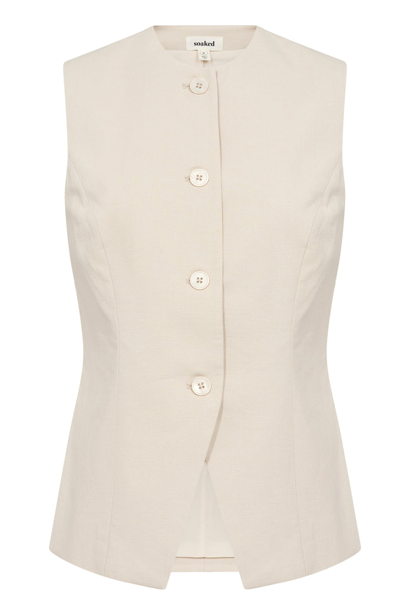 Soaked Linnena Beige Linen Fitted Waistcoat, 30408109
