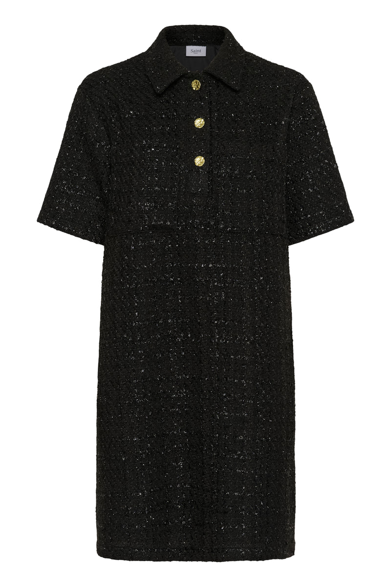 Saint Tropez Nigella Black Tweed Embellished Button A-Line Dress