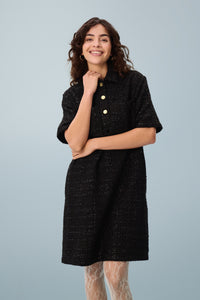 Saint Tropez Nigella Black Tweed Embellished Button A-Line Dress