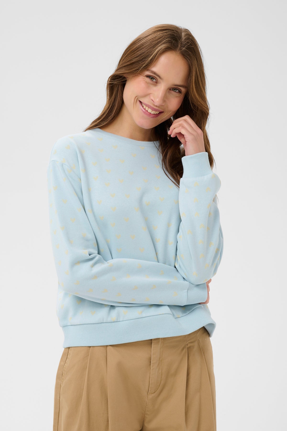 Saint Tropez Pamma Baby Blue/Beige Heart Print Fleece Lined Sweatshirt, 30514963