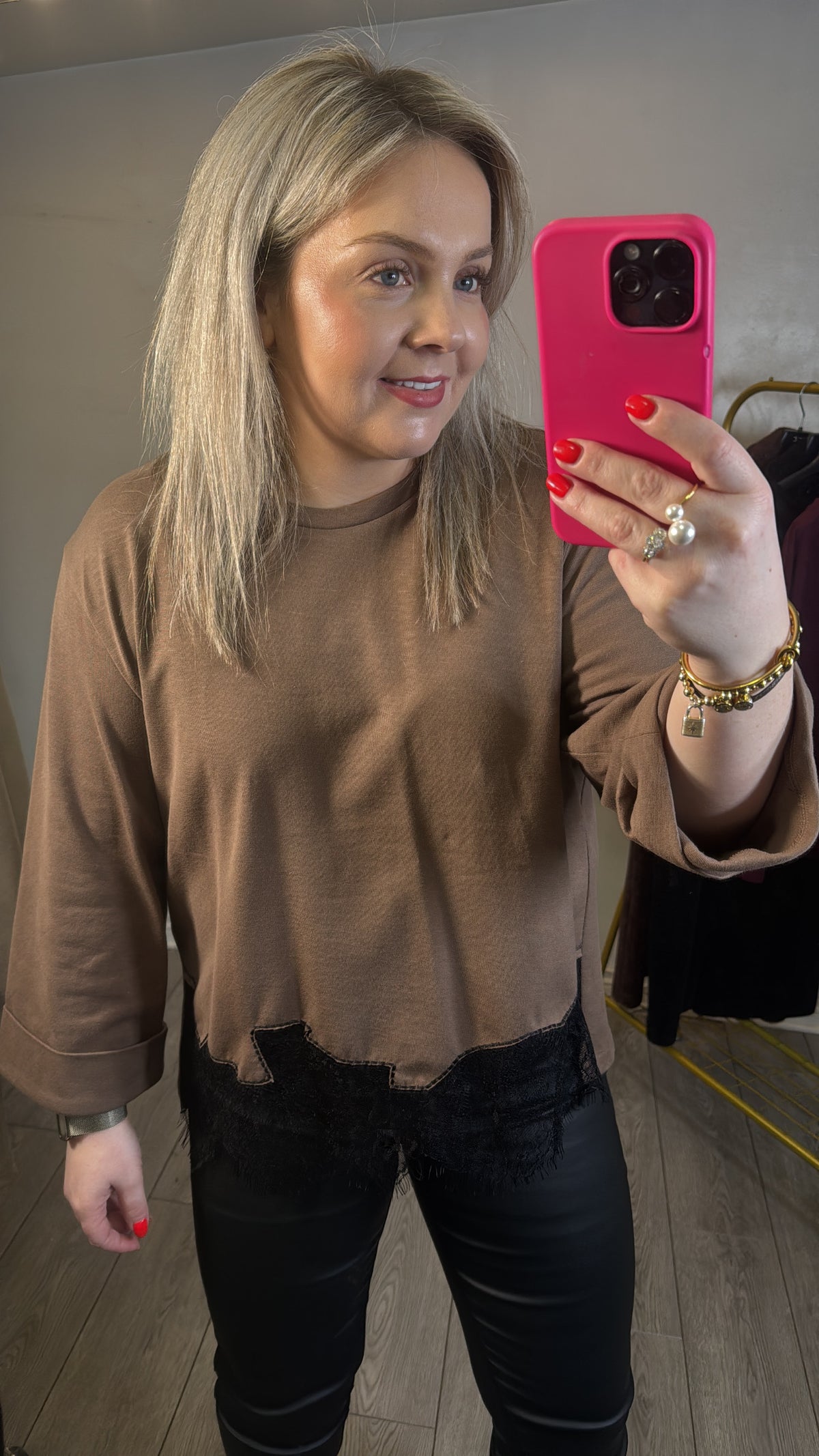 Access Fashion Chocolate Brown Top with Lace Trim