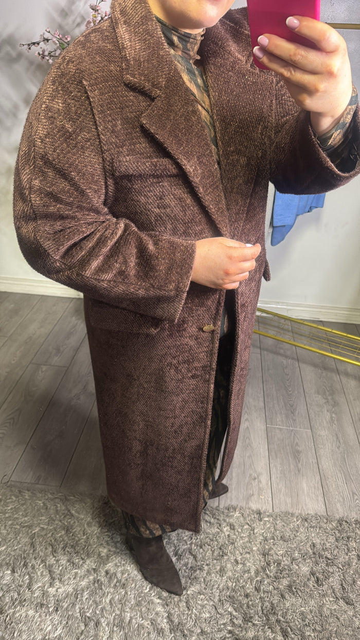 Access Fashion Single Breasted Brown Velvet Like Supersoft Coat