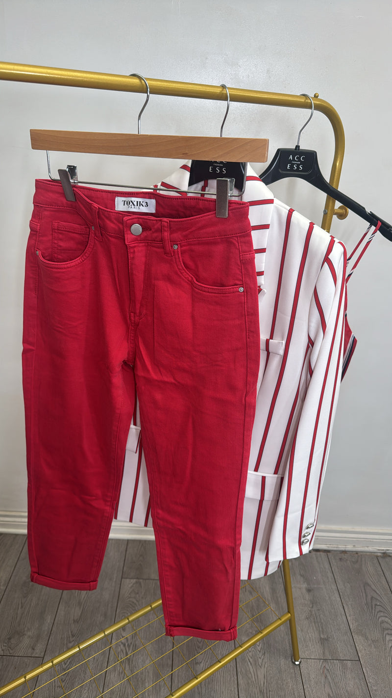 Toxik HighWaisted Boyfriend Red Denim Cropped Jeans
