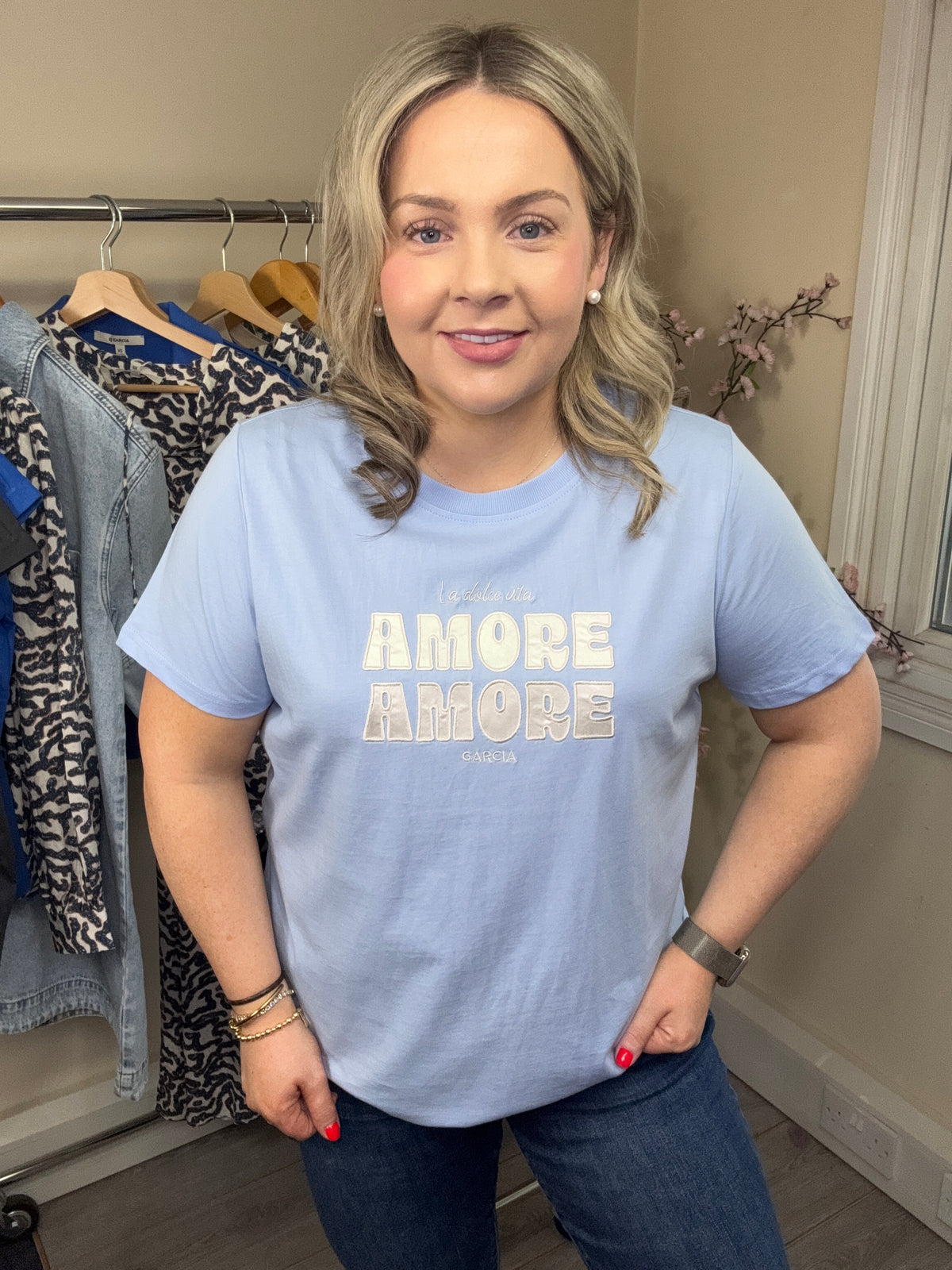 Garcia Cornflower Blue 'AMORE AMORE' Embroidered Satin Logo T-Shirt, O260005