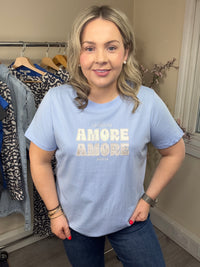 Garcia Cornflower Blue 'AMORE AMORE' Embroidered Satin Logo T-Shirt, O260005