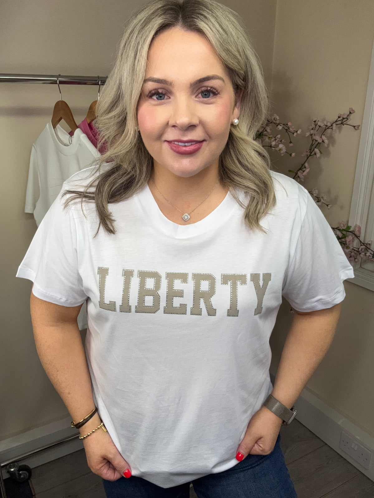 Kaffe Kajean Optical White 'LIBERTY' Embellished Logo T-Shirt, 10511081