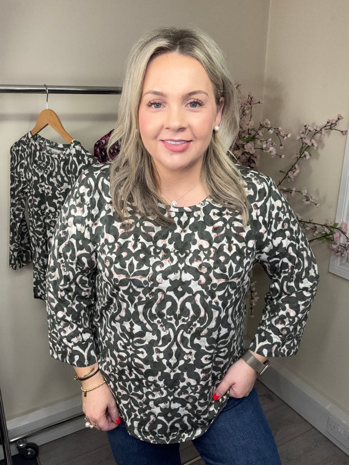 Fransa FrSeen Smokey Olive Abstract Print 3/4 Sleeve Top, 20617416