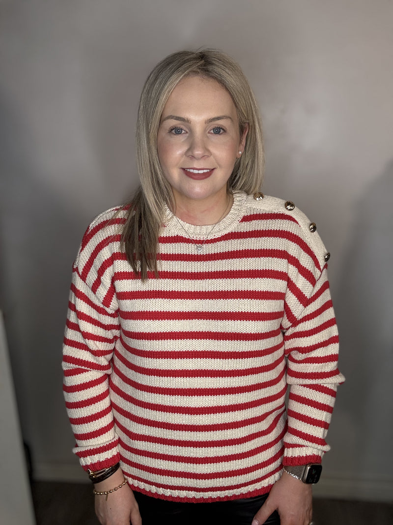 Fransa Belinda Poinsettia Mix Striped Button Knit, 20615112