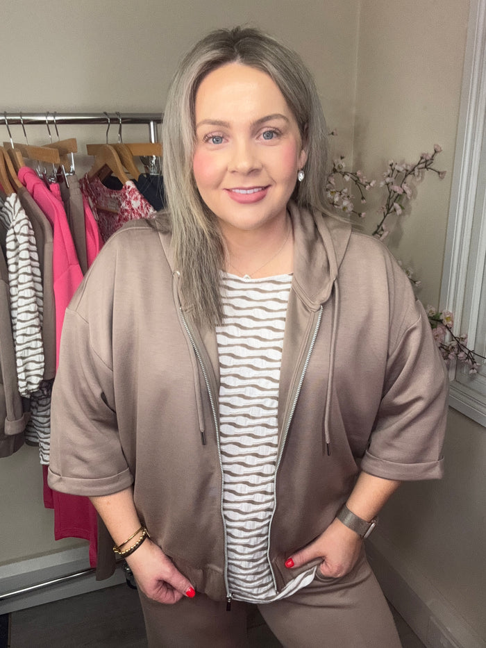 Fransa FrAurora Modal Taupe 3/4 Sleeve Zip Hoodie, 20617574