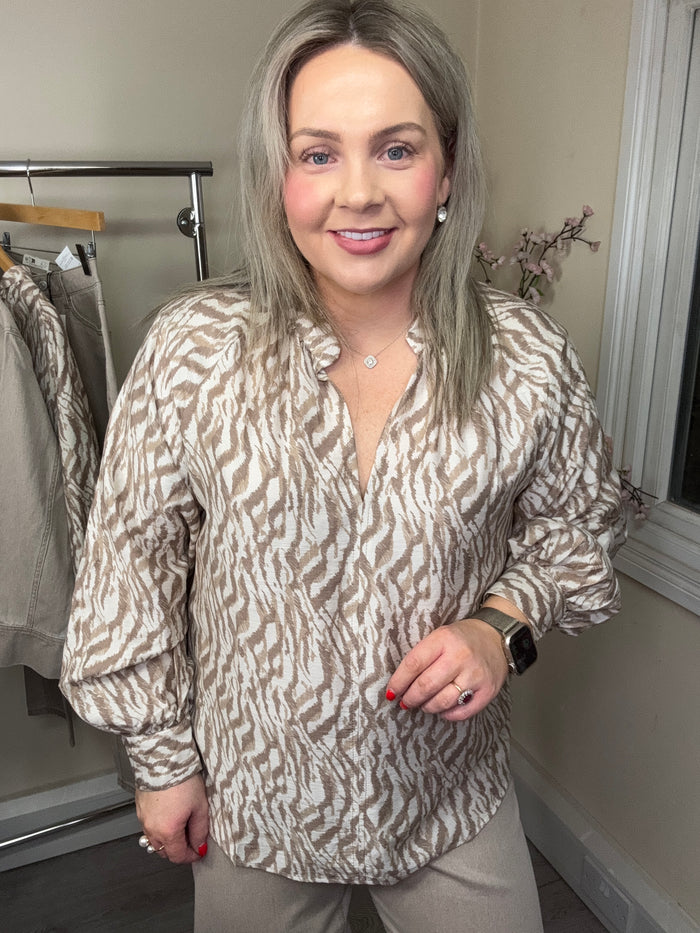 B.Young ByIkaia Birch Tiger Print V-Neck Blouse, 20818767