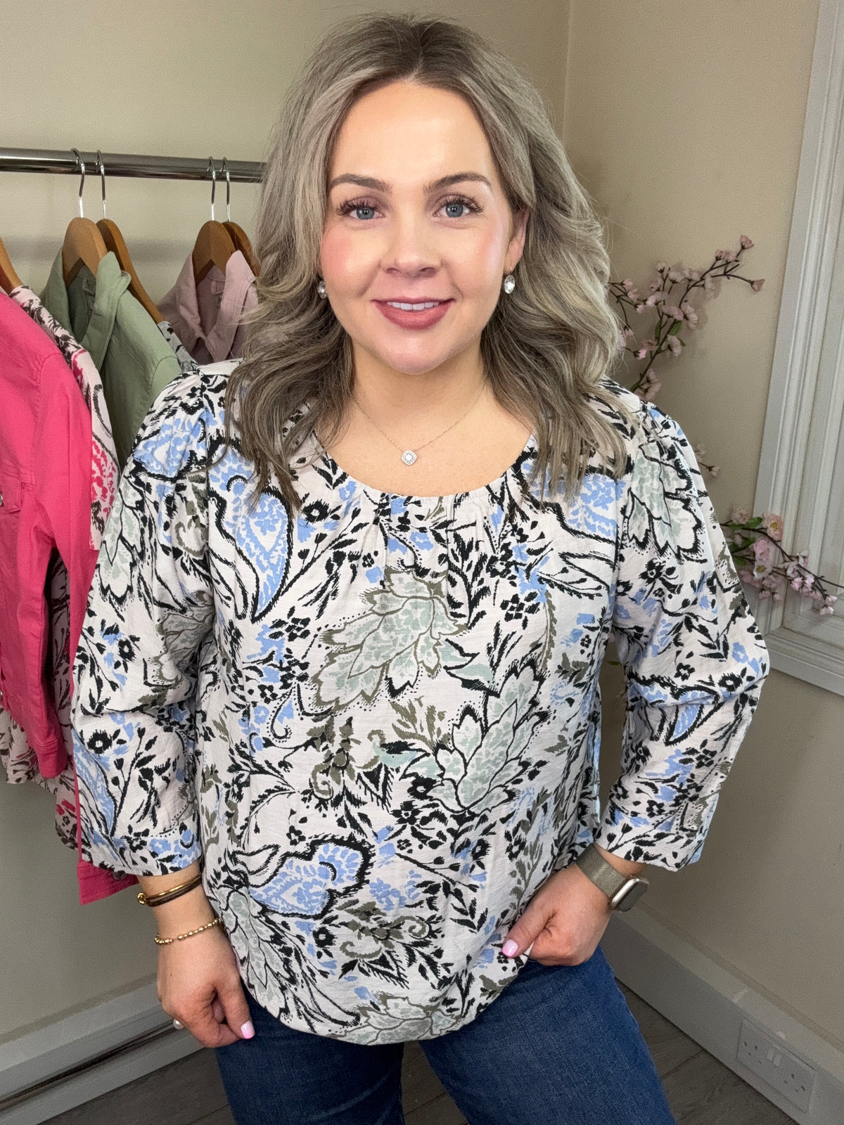 Fransa FrAriana Sage Green Floral Elasticated Waistband Blouse, 20617659