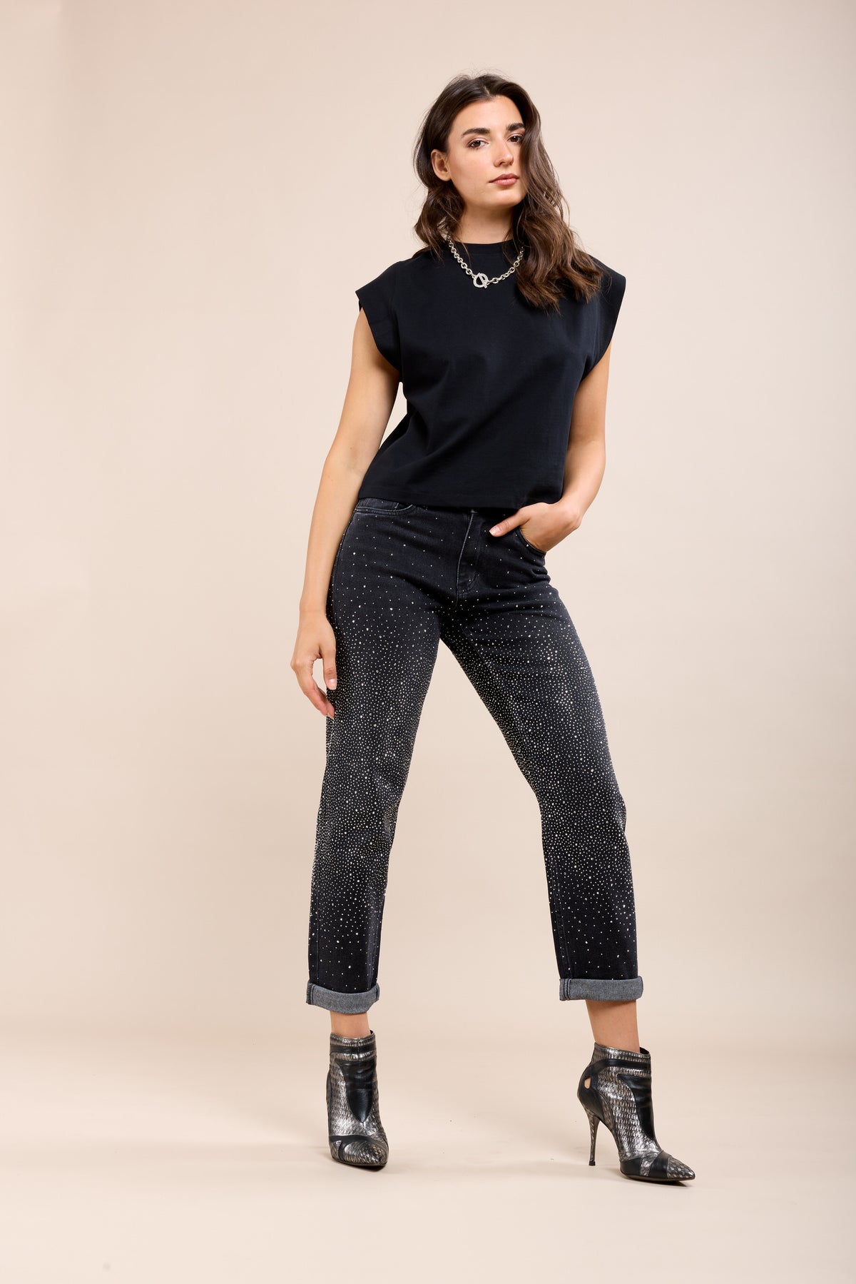 Toxik Highwaisted Boyfriend Charcoal Black Embellished Cropped Jeans