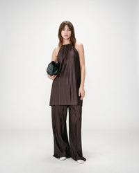 Grace & Mila Wilona Chocolate Brown Halterneck Plisse Short Dress
