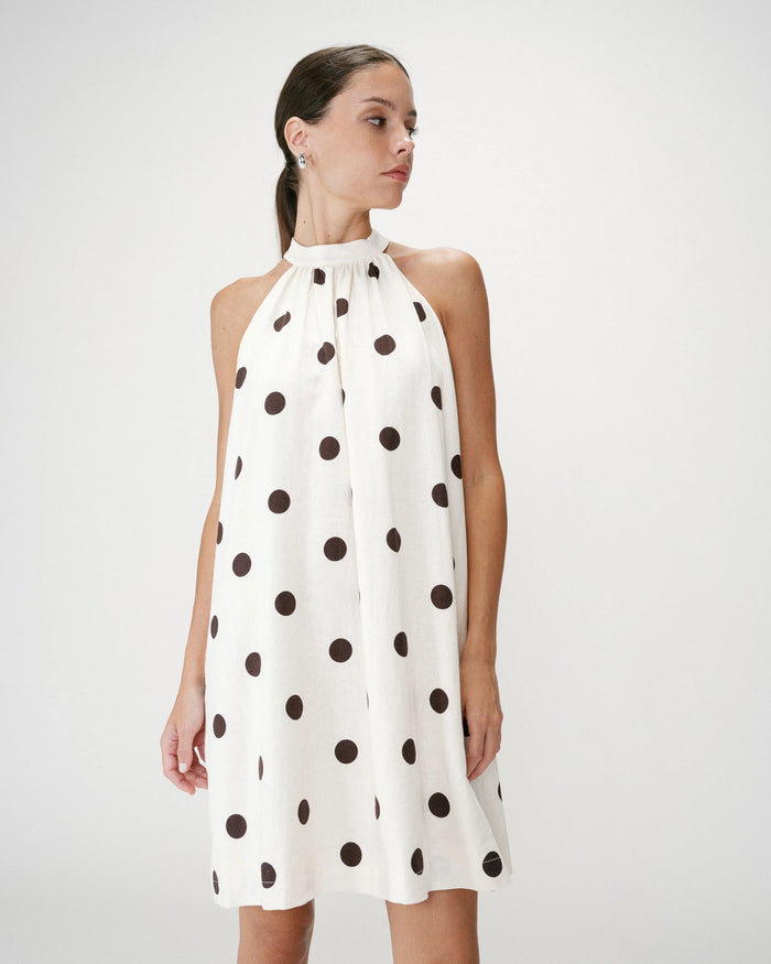 Grace & Mila Warna Ecru Linen Blend Chocolate Polka Dot Short Dress