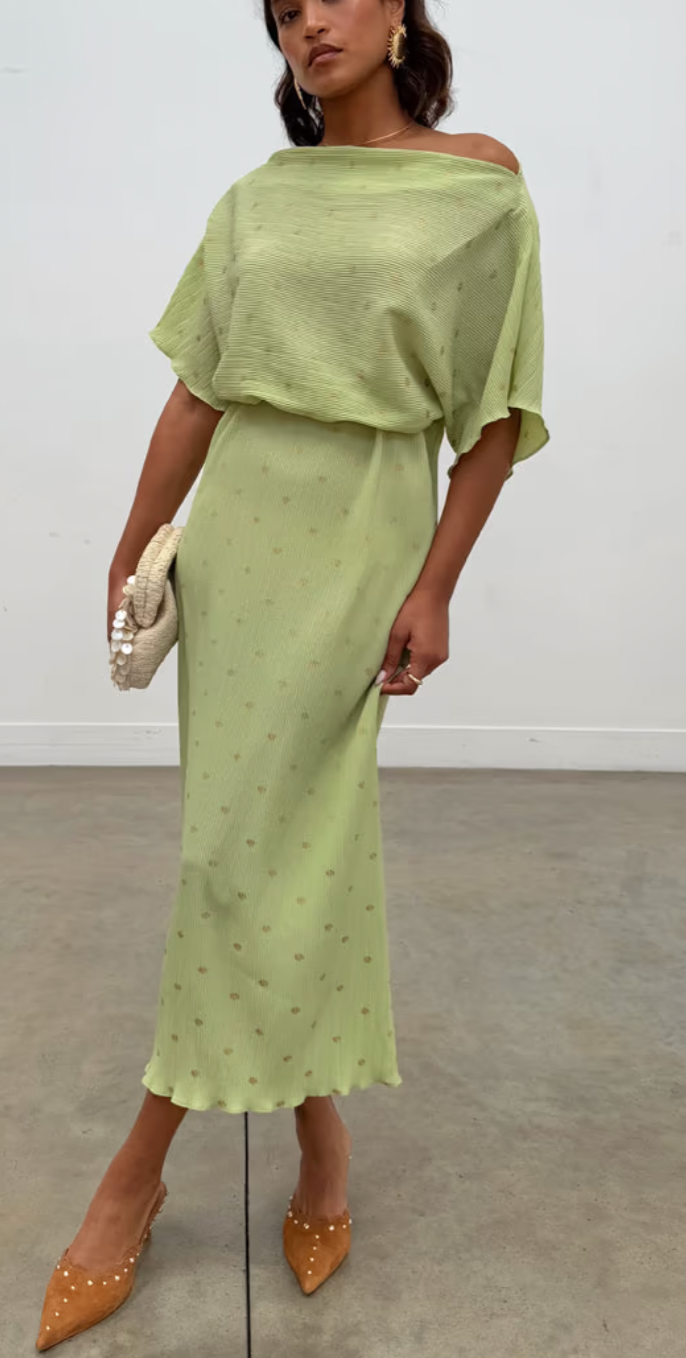 Never Fully Dressed Pistachio Tilly Off the Shoulder Dress