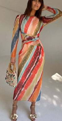 Never Fully Dressed Sunset Stripe Mesh Midi Dress