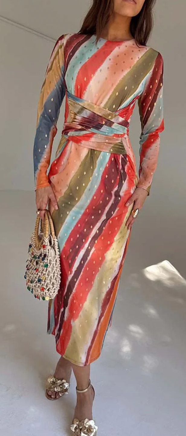 Never Fully Dressed Sunset Stripe Mesh Midi Dress