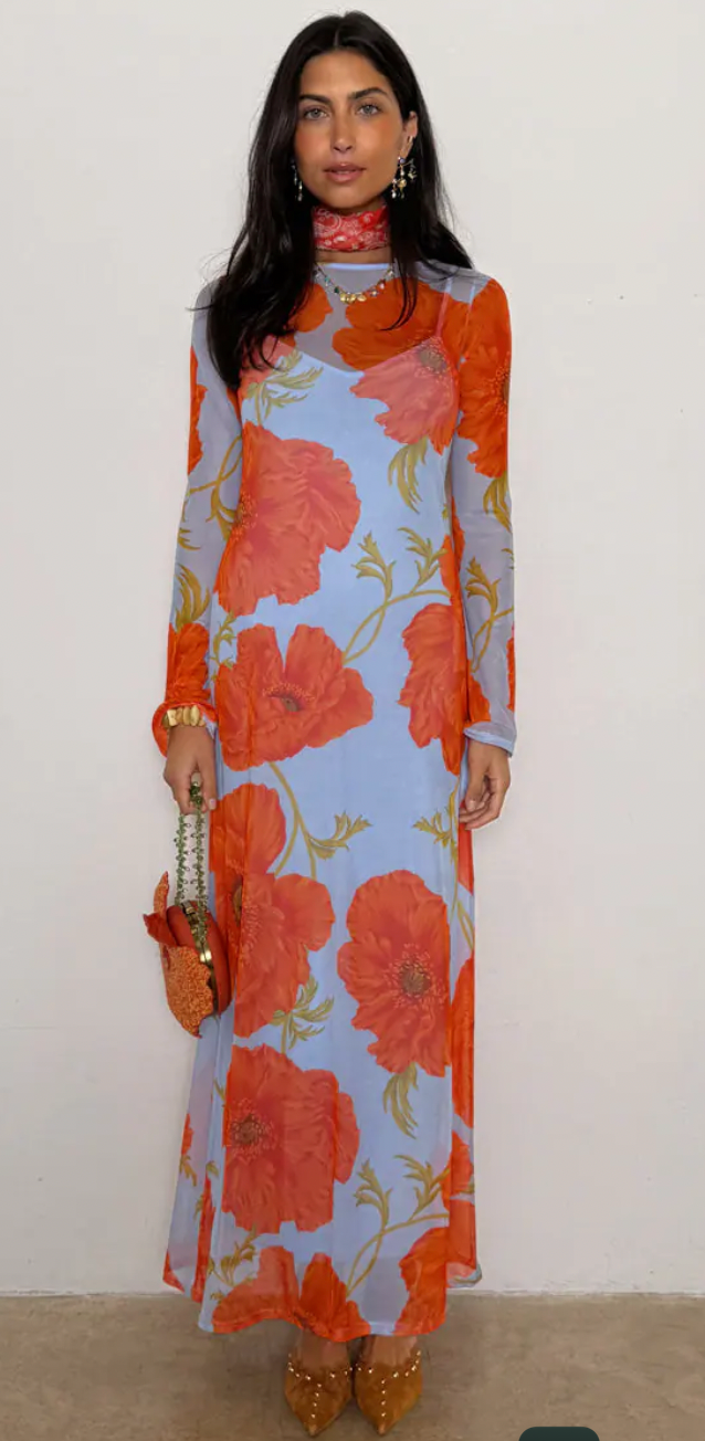 Never Fully Dressed Blue Poppy Aria Mesh Maxi Dress