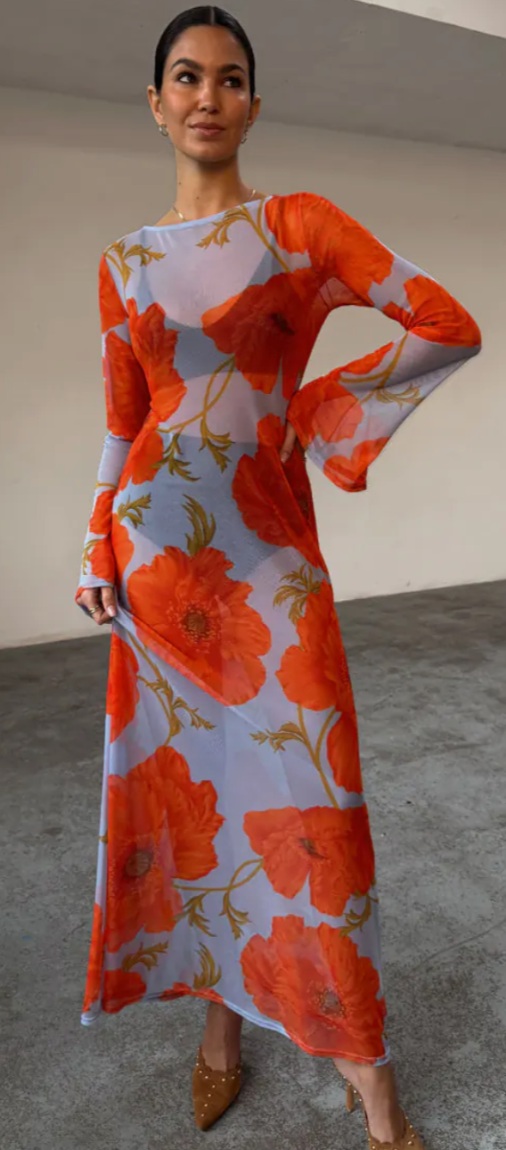 Never Fully Dressed Blue Poppy Aria Mesh Maxi Dress