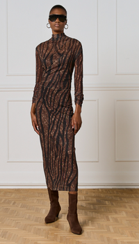 Access Fashion Brown Printed Midi Ruched Dress, 54-3352