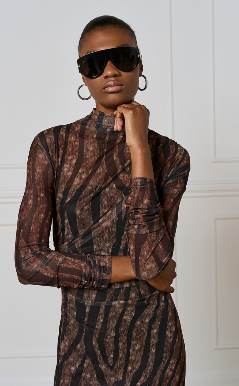 Access Fashion Brown Printed Midi Ruched Dress, 54-3352