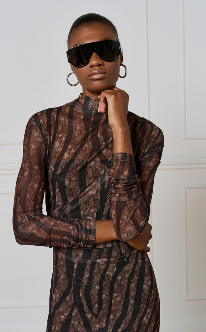 Access Fashion Brown Printed Midi Ruched Dress, 54-3352