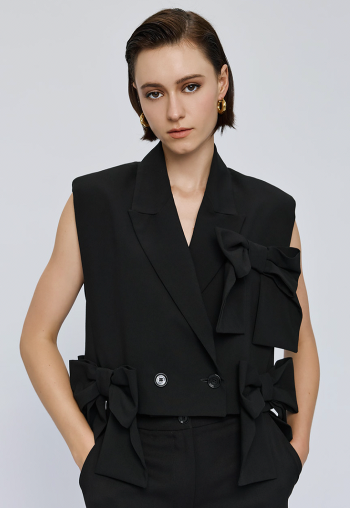 Access Fashion Black Sleeveless Jacket with Bows, 54-1012