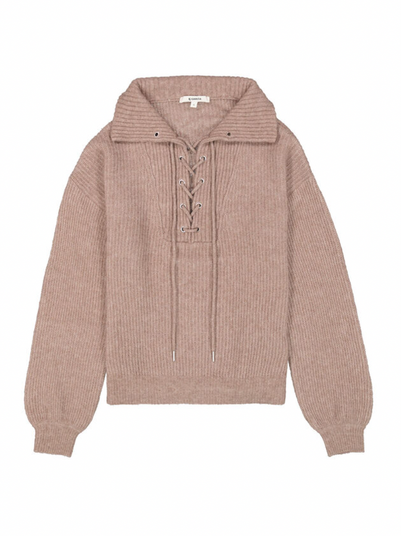 Garcia Taupe Beige Collar Knit with Lace Up Detailing, I50244