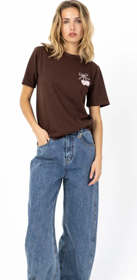 Coster Copenhagen Chocolate T-Shirt with Baby Pink Embroidered Cherry, 261-1500H