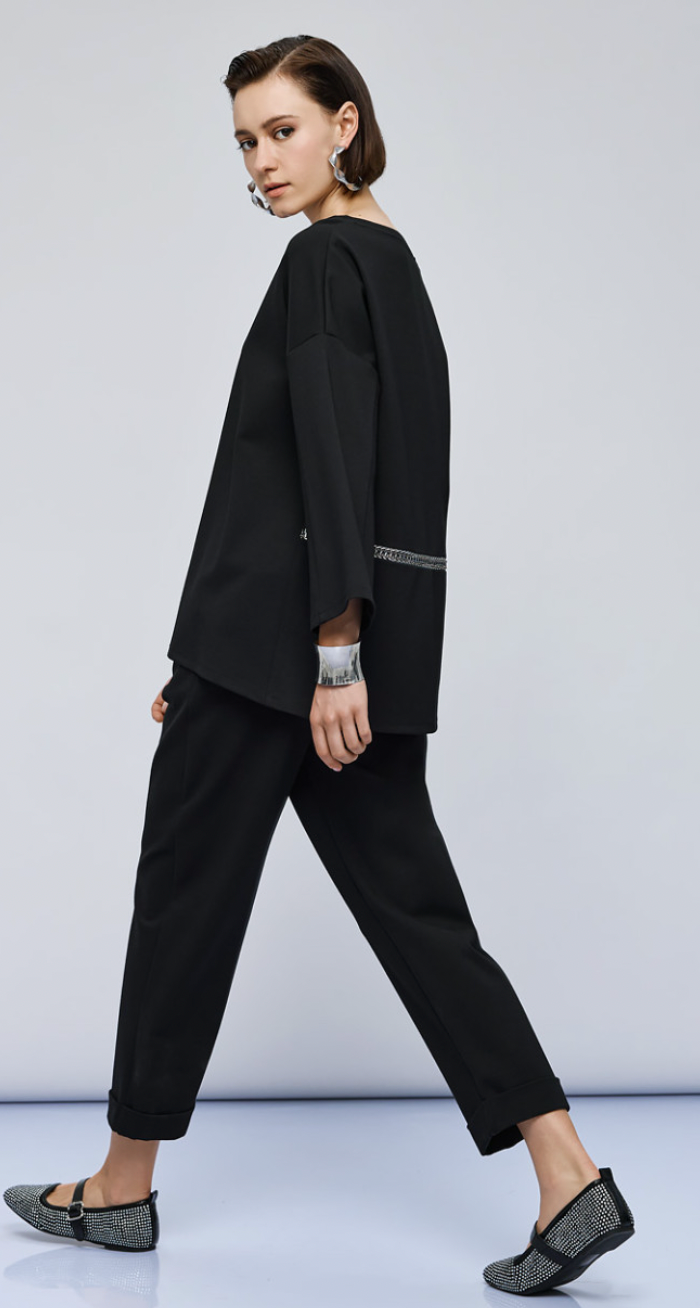 Access Fashion Black Boat Neckline Blouse with Embellishment