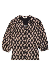 Garcia Black/Beige Printed V-Neck Blouse with Gold Metallic Detailing,  I50230